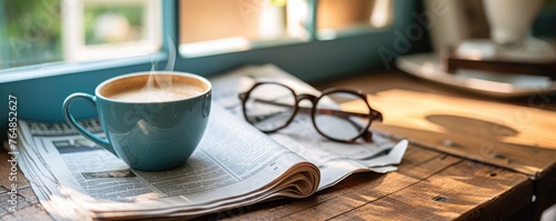 Cup of coffee on office desk with glasses ond newspaper photo