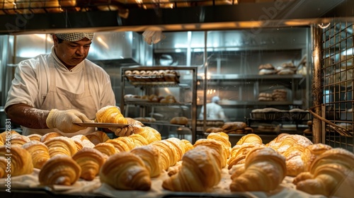 An early morning at a bakery, where bakers pull trays of buttery croissants from the oven.  photo