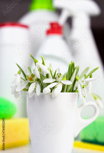 Spring cleaning. Spring flowers and detergents and cleaning products on the table. Close-up. Selective focus.