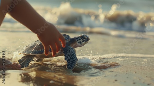 A young child releasing a rehabilitated sea turtle into the ocean,  with waves crashing gently against a sandy beach,  symbolizing marine conservation efforts photo