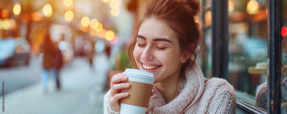 Happy woman with eyes closed and smell takeaway coffee - obrazy, fototapety, plakaty 
