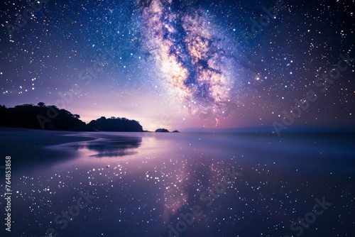 Starry night sky over lake with space reflection. Summer landscape concept. Beauty of nature. Design for wallpaper, banner 