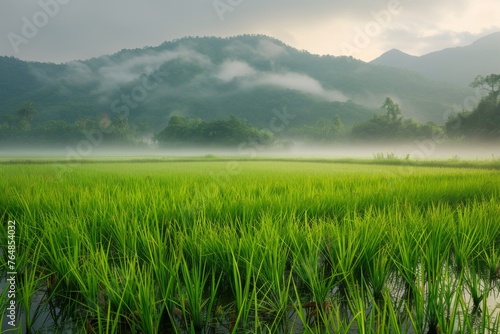 Green rice paddies with mountain backdrop. Foggy morning. Summer landscape concept. Beauty of nature. Design for wallpaper, banner