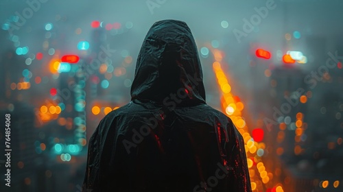 Person in Hooded Jacket Looking Over City at Night