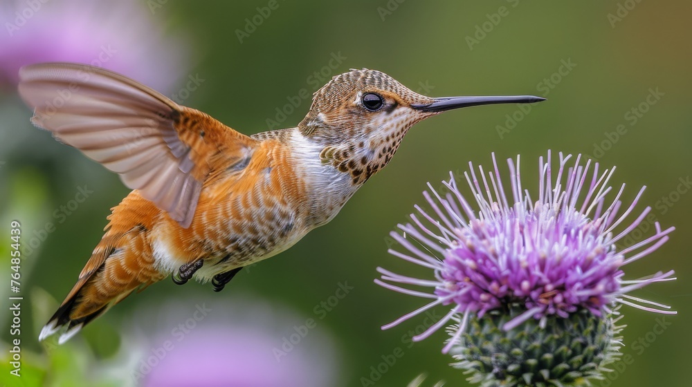 Obraz premium Hummingbird Hovering Over Purple Flower