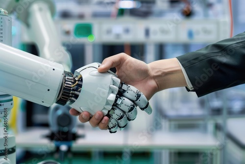 An image depicting a handshake between a human and a robot in a research l photo