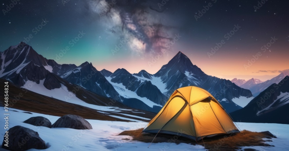 A solitary tent glows warmly on a snowy alpine landscape, beneath a dusky sky. The pristine mountain environment exudes peace and stillness under the twilight. AI generation
