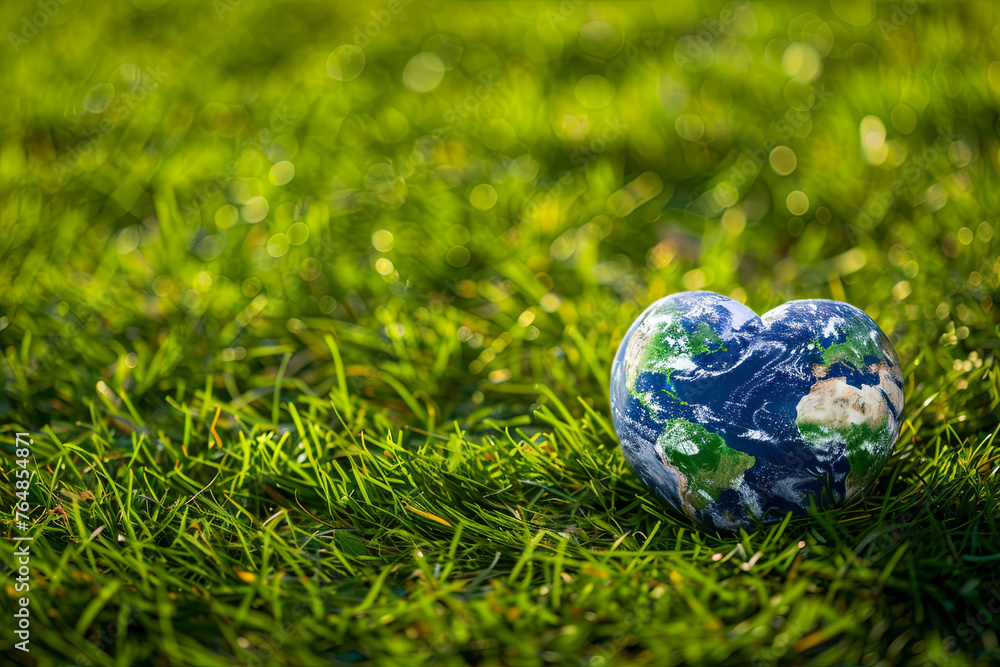 Concept of Earth Day, represented by Earth in a heart shape on green grass, symbolizing love and care for the world Concept of Earth Day, represented by Earth in a heart shape on green grass, symbolizing love and care for the world