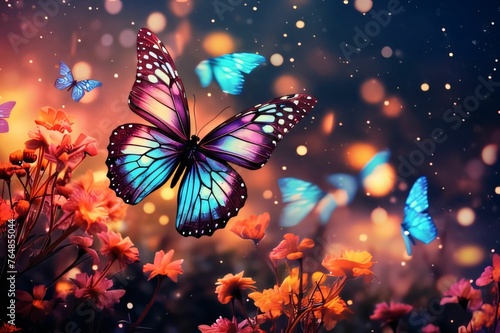 Beautiful butterfly on flower background with bokeh effect and lights