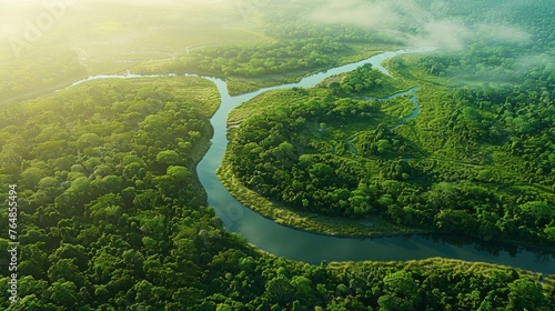 An aerial view of a lush green forest with a meandering river snaking through it, illustrating the beauty and biodiversity of untouched natural habitats