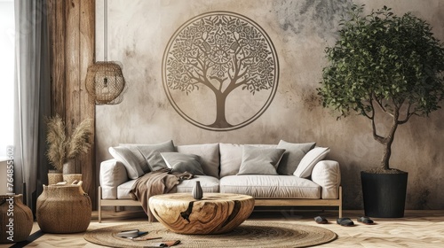 an aesthetically pleasing composition of a tree mandala design on a soft-toned wall, paired with a stylish sofa.