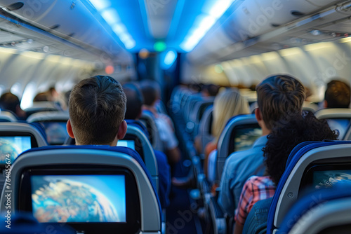 Coach passengers on a commercial flight, equipped with built-in TV screens