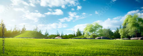 Blurred spring nature background with a green lawn surrounded by trees against a blue sky with clouds on a bright sunny day