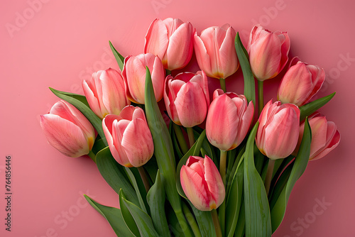 Vibrant Pink Tulips in Full Bloom Against a Soft Pink Background copyspace