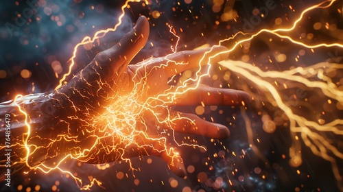 A front view of a hand gripping lightning in stunning 16k resolution, emphasizing intricate details that elevate the image to a premium level