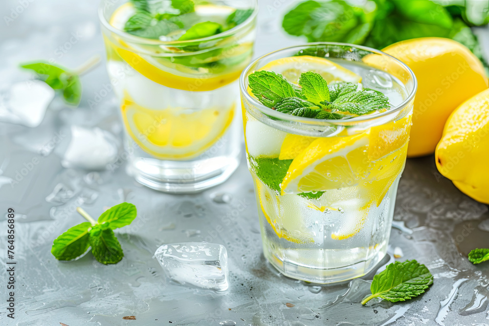 Concept of health care, fitness, and a healthy diet. Fresh and cool water infused with lemon and mint Concept of health care, fitness, and a healthy diet. Fresh and cool water infused with lemon and mint
