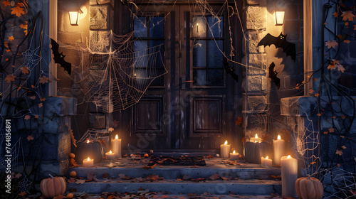 A doorway decorated for Halloween, with details of the cobwebs, bats, and other spooky decorations, the flickering candlelight, and the inviting atmosphere.