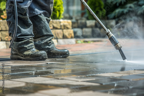 Cleaning of outdoor flooring using a high-pressure water jet