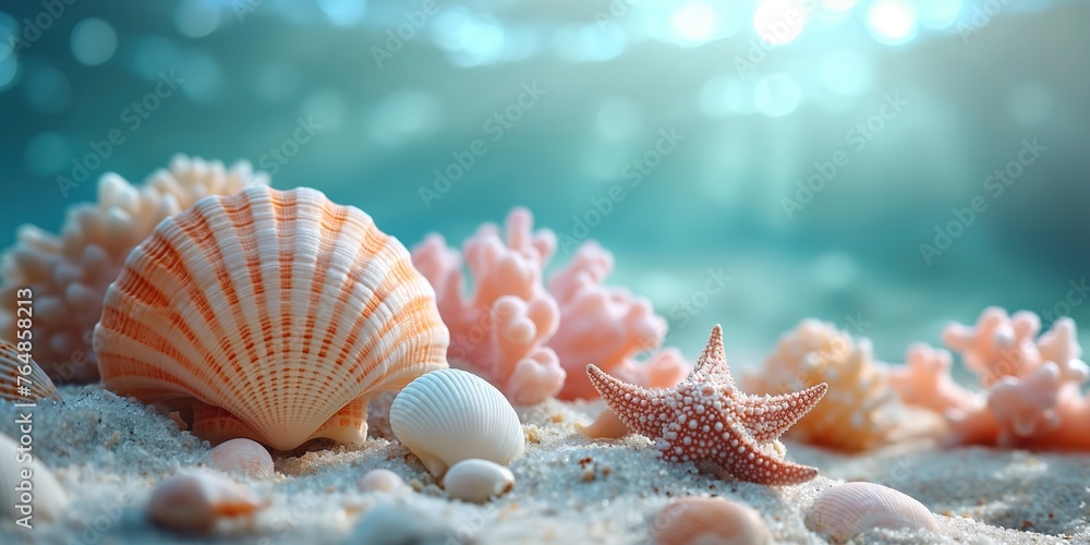 underwater scene concept, seashells and starfish on sand floor with blue water bokeh light as background with light flare, Generative Ai underwater scene concept, seashells and starfish on sand floor with blue water bokeh light as background with light flare, Generative Ai