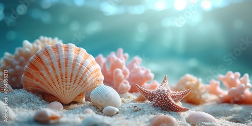 underwater scene concept, seashells and starfish on sand  floor with blue water bokeh light as background with light flare, Generative Ai © QuietWord