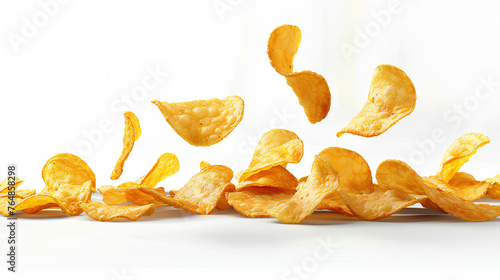 Falling potato chips isolated on a white background, clipping path