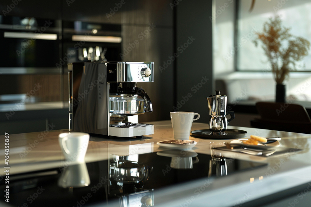 modern coffee machine as the focal point of an elegant table in a contemporary kitchen, with subtle touches of sophistication in the surrounding decor, photo modern coffee machine as the focal point of an elegant table in a contemporary kitchen, with subtle touches of sophistication in the surrounding decor, photo