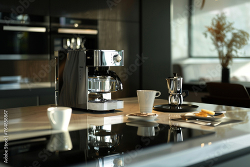 modern coffee machine as the focal point of an elegant table in a contemporary kitchen, with subtle touches of sophistication in the surrounding decor, photo