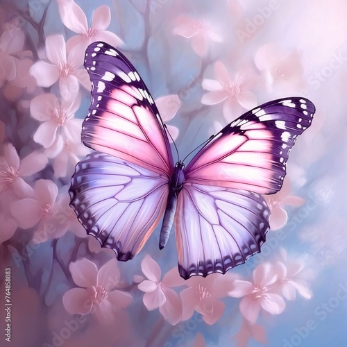 Butterfly on a background of spring cherry blossoms. Digital painting.