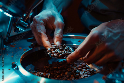 mesmerizing close-up shot capturing the texture and aroma of freshly roasted coffee beans held delicately by a man s hands over a modern coffee roasting machine  photo