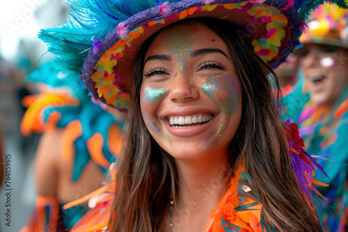 Group of people wearing colorful costumes and laughing together during parade for April Fools Day