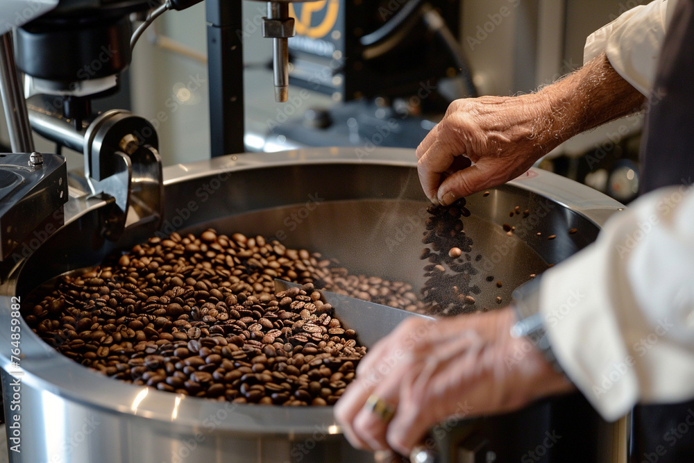 sensory experience of coffee roasting, with the emphasis on a man's hands as he releases the rich aroma of freshly roasted beans above a sleek and efficient roasting machine, photo sensory experience of coffee roasting, with the emphasis on a man's hands as he releases the rich aroma of freshly roasted beans above a sleek and efficient roasting machine, photo