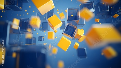 3d rendering of yellow and blue abstract geometric background. Scene for advertising, technology, showcase, banner, game, sport, cosmetic, business, metaverse. Sci-Fi Illustration. Product display