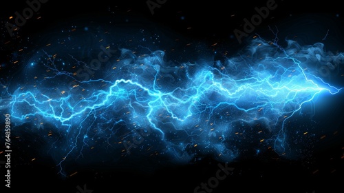 The modern illustration shows abstract blue lightning on a black background. Blitz lighting holds the thunder light, sparks the storm, and creates a lightning flash. Power energy charges the thunder,