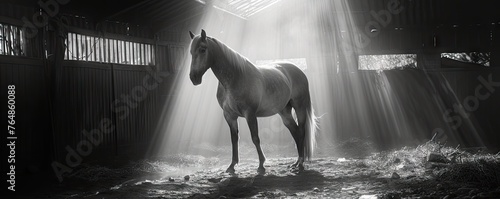 Black and white picture of horse stands in a stable