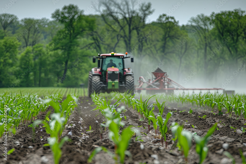 Tractor applying fertilizer to corn crops in spring Tractor applying fertilizer to corn crops in spring