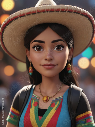 Simple 3D Cartoon Of Mexican Woman In Sombrero