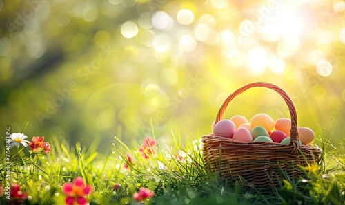 Wooden Basket full of easter eggs on green grass.