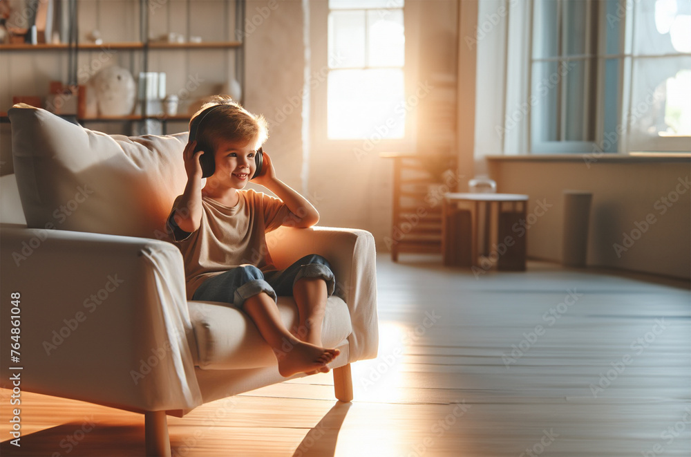 Obraz premium Junge Heranwachsender sitzt barfuß lächelnd auf Sessel Couch helles Wohnzimmer genießt was er hört Musik Gefühle freudig Spaß träumend Rückzug emotional Erholung glücklich geerdet ausgeglichen ruhig