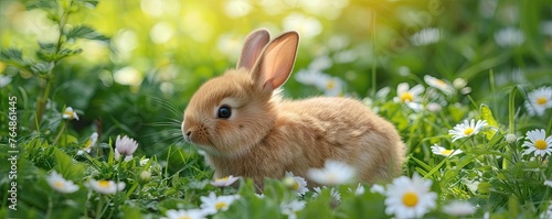 Cute rabbit on green grass in spring background. Rabbit in wild flowers.