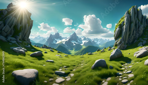Panorama Berg Gebirge Landschaft Alpen Rocky Mountains im Sommer mit blauem Himmel weißen Wolken grünem Gras, Schönheit Erholung Urlaub wandern genießen und entdecken Täler Österreich Schweiz Gipfel photo
