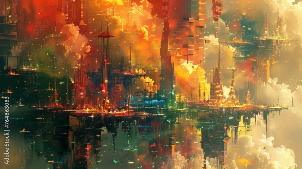 Abstract depiction of a utopian city of the future featuring towering structures and futuristic architecture set against a vibrant technologically advanced backdrop.