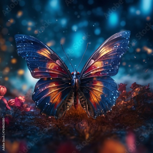 3d render of a butterfly on a background of a winter forest
