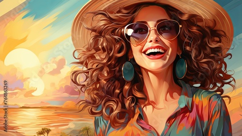 Young beautiful smiling woman in trendy summer clothes outdoors. Cheerful and happy in sunglasses and hat, Generative AI.