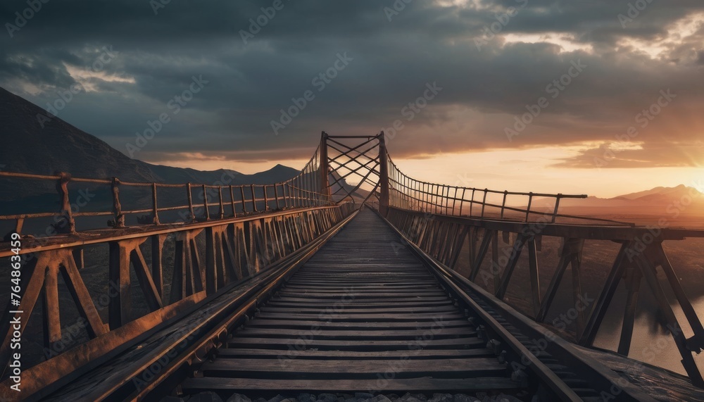 The last rays of the sun cast a fiery backdrop to a rustic bridge, its aged wooden planks and wrought iron railings evoking a time long past. The path invites onlookers into the wilderness beyond. AI