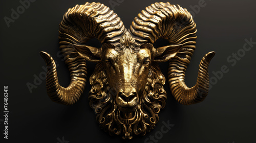 Sculpted golden ram head with intricate floral patterns, embodying antique artistry.