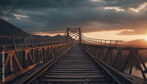 The last rays of the sun cast a fiery backdrop to a rustic bridge, its aged wooden planks and wrought iron railings evoking a time long past. The path invites onlookers into the wilderness beyond. AI