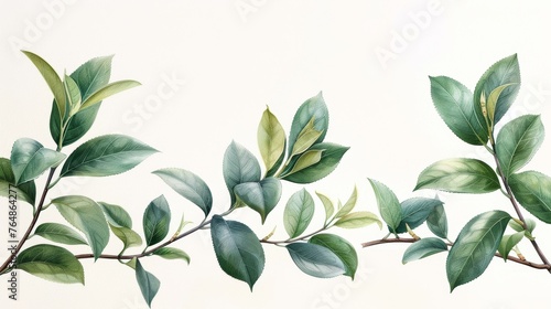  Sketched green leaves of magnolia in a seamless horizontal pattern.