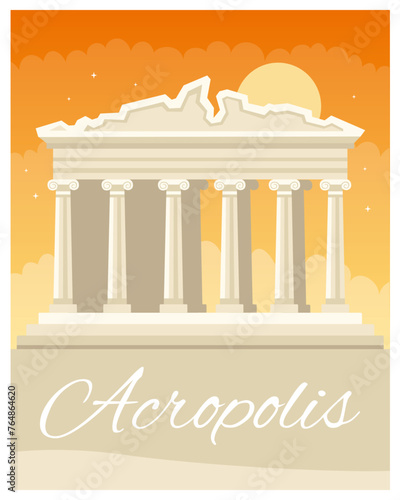 Acropolis of Athens. Ancient monument in Greece. Flat vector illustration. Poster and card design. Parthenon.