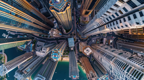 Breathtaking top-down drone view of the city with the tallest skyscrapers © Irina Beloglazova