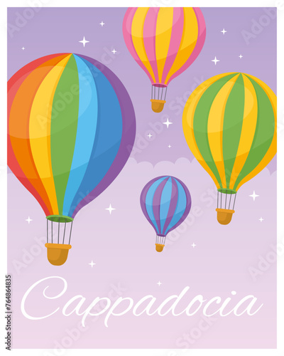 Cappadocia. Hot air balloons in purple sky. Adventure travel in Turkey, vacation, travel by air balloon. Rainbow air balloon. Flat vector illustration. Poster and card design. 